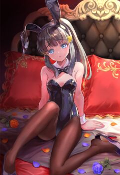 1girl akari_(pokemon) animal_ear_hairband animal_ears blue_eyes blue_flower blue_rose commentary_request detached_collar fake_animal_ears flower hair_ornament hairband heart heart_hair_ornament high_heels highres knee_up looking_at_viewer mitama_(mokochiko) nintendo open_mouth orange_flower orange_rose pantyhose petals pillow playboy_bunny pokemon pokemon_legends:_arceus rabbit_ear_hairband rabbit_ears rose solo wrist_cuffs