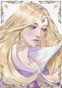 1girl 88ssgass88 absurdres bad_id bad_twitter_id blonde_hair blush candy_mieux circlet dress earrings high_collar highres jewelry long_hair looking_down necklace pink_lips purple_dress purple_eyes queen simple_background solo sugar_sugar_rune upper_body white_background