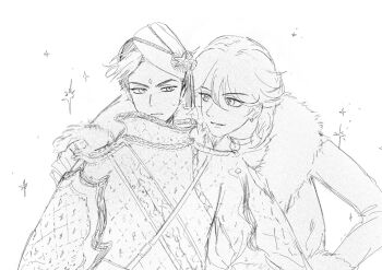 2boys 2drucy coat commentary_request fur-trimmed_coat fur_trim glacier_(sugar_sugar_rune) greyscale hair_between_eyes hat high_collar highres korean_commentary male_focus medium_hair monochrome multiple_boys rockin'_robin_(sugar_sugar_rune) short_hair smile sugar_sugar_rune sweatdrop upper_body