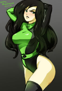 1girl adapted_costume arms_behind_head arms_up artist_name black_hair blush breasts closed_mouth dated disney gradient_background green_eyes grey_background half-closed_eyes kim_possible_(series) large_breasts long_hair looking_at_viewer mina_cream neck non-web_source pale_skin serious shego solo standing straight_hair very_long_hair