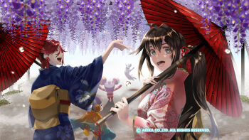 Rule 34 | 3girls, arika, brown hair, character request, dog, fighting ex layer, hair ribbon, highres, hokuto (arika), holding, holding umbrella, japanese clothes, kimono, knitty (technictix), long hair, multiple girls, official art, official wallpaper, open mouth, rain (technictix), red hair, ribbon, sharon (arika), smile, street fighter, street fighter ex (series), technictix, umbrella