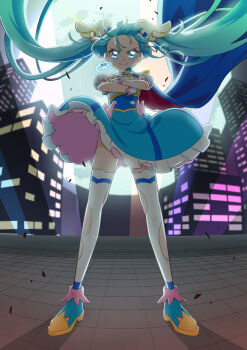 Rule 34 | 1girl, blue boots, blue eyes, blue hair, boots, brooch, city, city lights, closed mouth, cure sky, detached sleeves, dress, fingerless gloves, frilled dress, frills, full moon, gloves, gunbuster pose, hair ornament, highres, hirogaru sky! precure, jewelry, long hair, magical girl, moon, multicolored hair, multicolored shoes, night, paid reward available, precure, puffy detached sleeves, puffy sleeves, shoes, sky, smile, solo, sora harewataru, streaked hair, thighhighs, tiler (tiler00), torn clothes, twintails, two-tone dress, two-tone hair, two-tone shoes, very long hair, white gloves, white thighhighs, wind, wing brooch, wing hair ornament
