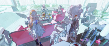 4girls ahoge ami_shido_(crymachina) bare_arms bare_legs bare_shoulders black_hair black_shirt black_shoes blonde_hair blue_eyes blue_flower blue_nails blue_rose bottle bracelet braid couch crymachina cup double_bun double_halo dress dress_flower enoa_(crymachina) flower flower_ornament food gold_hairband grey_eyes grey_hair hair_bun hairband halo highres holding holding_cup jacket jewelry leben_distel_(crymachina) long_hair long_sleeves medium_hair mikoto_sengiku_(crymachina) multiple_girls official_art on_couch pink_hair purple_jacket rolua rose second-party_source shirt shoes short_sleeves side_braid table thigh_strap twintails very_long_hair wheelchair white_dress white_flower white_rose
