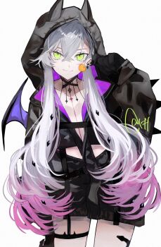 1girl black_hands black_jacket body_markings candy colored_extremities commentary_request cowboy_shot demon_girl demon_horns demon_wings fate/grand_order fate_(series) food gradient_hair green_eyes grey_hair hair_between_eyes hair_ornament highres holding holding_candy holding_food holding_lollipop horns jacket lilith_(fate) lilith_(first_ascension)_(fate) lollipop long_hair long_sleeves looking_at_viewer multicolored_hair simple_background smile solo tattoo twintails urtk07 very_long_hair white_background wings