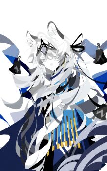 Rule 34 | 1girl, absurdres, animal ear fluff, animal ears, arknights, bell, blue cloak, blue shawl, bright pupils, chinese commentary, cloak, closed mouth, commentary request, expressionless, flat color, grey eyes, grey hair, hair between eyes, highres, long hair, looking at viewer, no lineart, pramanix (arknights), pramanix the prerita (arknights), sawtooth (negativegear), shawl, simple background, snow leopard ears, snow leopard girl, solo, tiara, very long hair, white background, white pupils