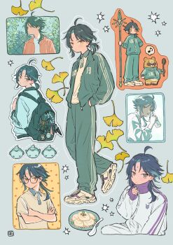 1boy ahoge animalization aqua_hair backpack bag bespectacled black_hair collared_shirt commentary_request cosplay crossed_arms facial_mark food forehead_mark genshin_impact ginkgo_leaf glasses green_bag green_hair green_jacket green_pants guoba_(genshin_impact) hand_in_pocket highres holding holding_polearm holding_weapon jacket leaf looking_at_viewer manekin_(genshin_impact) manekin_(genshin_impact)_(cosplay) manekin_(resolute_spirit)_(genshin_impact) medium_hair multiple_views musical_note open_clothes open_jacket pants polearm polo_shirt primordial_jade_winged-spear_(genshin_impact) round_eyewear shiro_chan46 shirt shoes sneakers spoken_musical_note spoon track_jacket track_pants weapon xiao_(bird)_(genshin_impact) xiao_(genshin_impact) yellow_eyes