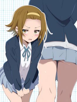 1girl absurdres anime_coloring ass_peek blazer blue_jacket borgbutler brown_eyes brown_hair brown_hairband collared_shirt covering_crotch covering_privates dress_shirt grey_skirt hairband highres jacket k-on! leaning_forward multiple_views pleated_skirt sakuragaoka_high_school_uniform school_uniform shirt short_hair skirt tainaka_ritsu white_shirt winter_uniform