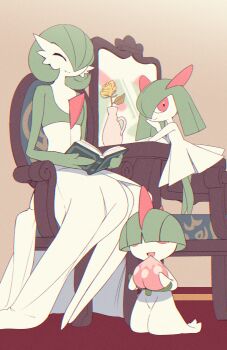 1other 2girls ^_^ berry_(pokemon) blunt_bangs bob_cut book bowl_cut chair chromatic_aberration closed_eyes closed_mouth colored_skin covered_eyes crossed_legs dresser evolutionary_line flat_chest flower food from_side fruit gardevoir gen_3_pokemon green_hair green_skin hair_over_one_eye hand_on_own_cheek hand_on_own_face hand_up hands_up happy holding holding_book holding_food holding_fruit indoors kirlia leaning_forward legs_together long_hair mirror multicolored_skin multiple_girls nintendo no_feet on_chair one_eye_covered open_book open_mouth pecha_berry pokemon pokemon_(creature) ralts reading red_eyes rose short_hair sidelocks sitting smile split_mouth standing two-tone_skin vase white_skin yana_(nekoarashi) yellow_flower yellow_rose