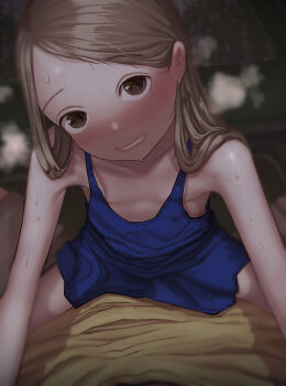 1boy 1girl absurdres black_eyes blue_dress blush chiaki_(kono_ko_shirimasenka?) downblouse dress ear_blush eye_reflection flat_chest grey_hair grin head_tilt hetero highres leaning_forward loli looking_at_viewer no_bra original pov reflection sitting sitting_on_person sleeveless sleeveless_dress smile solo_focus straddling sweat tearontaron