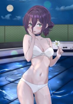 1girl absurdres bra breasts chainsaw_man flower full_moon gluteal_fold green_eyes hair_bun highres holding holding_flower looking_at_viewer moon navel night outdoors panties pool purple_hair reze_(chainsaw_man) small_breasts solo tongue tongue_out underwear white_bra white_flower white_panties zyor741
