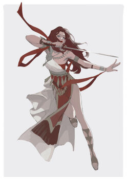 1girl ancient_greek_clothes armlet brown_hair dancer dancer_(fire_emblem:_three_houses) dancing dorothea_arnault dress earrings fire_emblem fire_emblem:_three_houses gladiator_sandals greco-roman_clothes green_eyes highres holding holding_sword holding_weapon huangdanlan jewelry long_hair nintendo red_lips red_nails sandals single-shoulder_dress sword weapon
