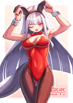 1girl animal_ears armpits bare_shoulders black_hairband blunt_bangs blush bow bowtie breasts brown_pantyhose cleavage closed_mouth commentary_request creape detached_sleeves gold_ship_(umamusume) grey_hair hairband highres horse_girl horse_tail large_breasts leotard long_hair looking_at_viewer one_eye_closed pantyhose playboy_bunny purple_eyes red_bow red_bowtie red_leotard smile solo strapless strapless_leotard tail tongue tongue_out umamusume white_wrist_cuffs wrist_cuffs