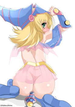 Rule 34 | 1girl, anus, ass, bare back, bare shoulders, blonde hair, blue boots, blue hat, blush, boots, brooch, dark magician girl, gauntlets, gold trim, green eyes, hat, huge ass, jewelry, kneeling, konami, legs, long hair, long legs, magical girl, magician, messy hair, nude, pink brooch, pink skirt, pink trim, pussy, riding, scepter, see-through clothes, shonen jump, skirt, thick thighs, thighs, top hat, very long hair, wand, watterywinter, white background, yellow brooch, yu-gi-oh!, yu-gi-oh! duel monsters