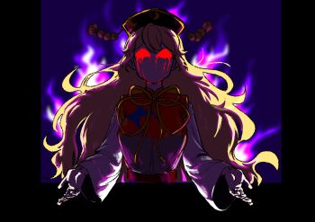 Rule 34 | 1girl, angry, black background, black dress, black hat, blonde hair, blood, bloody tears, breasts, chinese clothes, commentary request, crescent, dalachi (headdress), dress, fire, hair between eyes, hat, highres, junko (touhou), korean commentary, long hair, long sleeves, lovelobten, no mouth, no pupils, purple fire, red eyes, solo, tabard, touhou, very long hair, wide sleeves