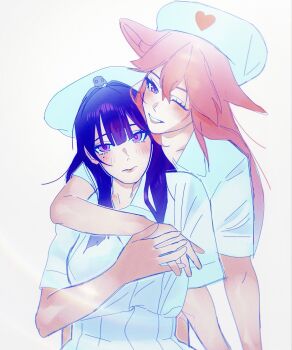 2girls alternate_costume animal_ears blunt_bangs blush closed_mouth collarbone collared_dress couple dress fox_ears fox_girl bad_tag genshin_impact hair_between_eyes hair_intakes hand_on_another's_hand hashtag-only_commentary hat head_tilt heads_together highres leaning_back leaning_forward long_hair looking_at_viewer mole mole_under_eye multicolored_eyes multicolored_hair multiple_girls nurse nurse_cap one_eye_closed phainonsgirlie pink_lips purple_eyes purple_hair raiden_shogun shade short_sleeves simple_background smile standing streaked_hair teeth upper_body white_background white_dress yae_miko yuri