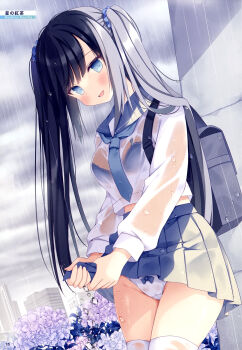 1girl :d absurdres artist_name backpack bag black_hair blue_bow blue_bra blue_eyes blue_necktie blue_scrunchie blue_skirt blush bow bow_panties bra bra_visible_through_clothes breasts cowboy_shot dengeki_moeoh flower groin hair_ornament hair_scrunchie head_tilt highres hoshino_koucha long_hair long_sleeves looking_at_viewer magazine_scan medium_breasts miniskirt necktie open_mouth original outdoors page_number panties pleated_skirt rain scan school_uniform scrunchie see-through_clothes see-through_shirt serafuku shiny_skin shirt sidelocks skirt smile solo thighhighs third-party_source twintails underwear wet wet_clothes wet_hair wet_shirt white_panties white_shirt white_thighhighs wringing_clothes wringing_skirt