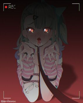 1girl arm_warmers asymmetrical_legwear bdsm blush collar cum cum_in_mouth derutasensei flat_chest gradient_hair green_hair hair_ornament hairclip heart heart-shaped_pupils jewelry kneeling leash loli long_hair looking_at_viewer multicolored_hair nipples nude open_mouth recording red_background ring saliva side_ponytail single_thighhigh slave socks solo striped_clothes striped_thighhighs sunna_(zenless_zone_zero) symbol-shaped_pupils thigh_strap thighhighs tongue tongue_out torn_clothes torn_thighhighs twitter_username viewfinder zenless_zone_zero