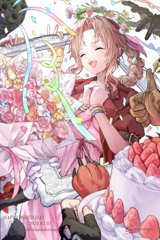 26caaan aerith_gainsborough animal_hands barret_wallace bouquet braid braided_ponytail cait_sith_(final_fantasy) cake cid_highwind claws closed_eyes cloud_strife cropped_jacket final_fantasy final_fantasy_vii final_fantasy_vii_rebirth final_fantasy_vii_remake fingerless_gloves flower flower_wreath food gatling_gun gloves happy happy_birthday head_wreath highres jacket picture_frame pink_jacket red_jacket red_xiii solo_focus tifa_lockhart vincent_valentine yuffie_kisaragi
