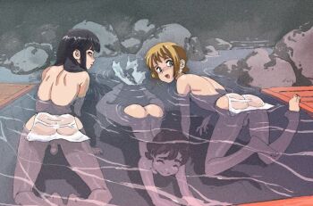 00s 3boys all_fours anus ass back bare_back blonde_hair blunt_bangs boku_no_pico brown_hair chico_(boku_no_pico) closed_eyes coco_(boku_no_pico) from_behind green_eyes joel_jurion long_hair looking_back male_focus multiple_boys nude onsen partially_submerged pico_(boku_no_pico) puffy_cheeks same-sex_bathing shared_bathing shota testicles towel trap