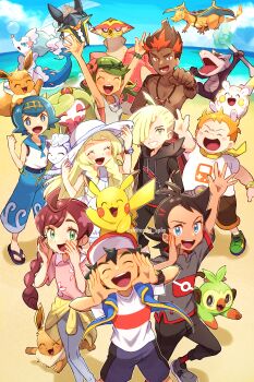 4girls 5boys :d alolan_form alolan_marowak alolan_vulpix arm_up ash_ketchum beach blonde_hair blue_eyes blue_hair blue_pants blue_sailor_collar bright_pupils brown_pants bubble capri_pants charizard chitozen_(pri_zen) chloe_(pokemon) clothes_around_waist cloud commentary_request dark-skinned_female dark-skinned_male dark_skin day eevee eyelashes flip-flops flower freckles gen_1_pokemon gen_7_pokemon gen_8_pokemon gladion_(pokemon) goh_(pokemon) green_eyes green_hair green_headband green_shoes grey_overalls grey_pants grey_shirt grey_shoes grookey hairband hands_up headband highres kiawe_(pokemon) lana_(pokemon) lillie_(pokemon) long_hair looking_at_viewer mallow_(pokemon) multiple_boys multiple_girls nintendo no_sclera one-piece_swimsuit open_mouth orange_hair outdoors overalls pants pikachu pink_flower pink_shirt pokemon pokemon_(anime) pokemon_(creature) pokemon_journeys pokemon_sm_(anime) primarina red_socks sailor_collar sand sandals shirt shoes shore short_hair short_sleeves sky sleeveless sleeveless_shirt smile socks sophocles_(pokemon) standing swept_bangs swimsuit swimsuit_under_clothes t-shirt teeth togedemaru tongue turtonator twitter_username upper_teeth_only vikavolt water watermark wave_print white_pupils white_shirt yellow_hairband