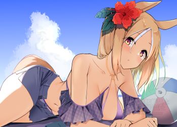 1girl alternate_costume alternate_hairstyle animal_ears ball bare_shoulders beach beach_towel beachball bikini blonde_hair blue_sky blush bottle breasts cleavage collarbone commentary_request day ear_flower flower hair_between_eyes hibiscus horse_ears horse_girl horse_tail komb large_breasts lying multicolored_hair narita_top_road_(umamusume) navel on_ground on_side open_fly outdoors parted_lips purple_bikini purple_shorts shorts sky solo stomach streaked_hair swimsuit tail towel umamusume watermark white_hair yellow_eyes