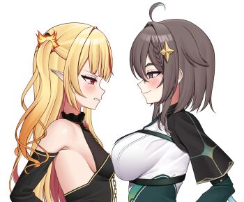 Rule 34 | 2girls, absurdres, annoyed, arms at sides, bare shoulders, black gloves, black leotard, black shirt, blonde hair, breast envy, breasts, brown eyes, brown hair, bust chart, chromashift, clenched teeth, closed mouth, colored inner hair, elbow gloves, elf, eye contact, female focus, gloves, green tunic, hag, half-closed eyes, highres, large breasts, leotard, leotard under clothes, long hair, looking at another, matching hair/eyes, medium hair, meica (vtuber), meica (1st costume) (vtuber), multicolored hair, multiple girls, nagamma, necromancer, pointy ears, profile, red eyes, red hair, ruby runeheart, shirt, simple background, small breasts, smile, smug, solo, solo focus, strapless, strapless shirt, teeth, tunic, two-tone hair, two-tone tunic, two side up, upper body, virtual youtuber, white background, white tunic, witch