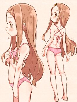 1girl absurdres aoba_kokona ass bikini breasts brown_eyes brown_hair dual_persona eisu_(eith) forehead highres loli long_hair pink_bikini simple_background small_breasts swimsuit white_background yama_no_susume
