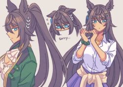 Rule 34 | ..., 1girl, akamirai, animal ears, ascot, bandeau, black hair, blue eyes, blush, clothes around waist, commentary request, cowboy shot, ears down, english text, from side, green jacket, green scrunchie, grey background, hair ornament, hairclip, highres, horse ears, horse girl, horse tail, jacket, jewelry, long hair, long sleeves, looking at viewer, multiple views, necklace, open clothes, open jacket, ponytail, purple skirt, scrunchie, shirt, simple background, skirt, sleeves rolled up, sweater, sweater around waist, symboli kris s (umamusume), tail, umamusume, very long hair, white ascot, white bandeau, white shirt, wrist scrunchie