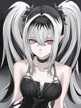 1girl black_choker black_dress black_hair choker commentary crossed_bangs cybernetic_sam dress grey_hair hair_intakes jetavie:_daybreak_(pgr) jetavie_(pgr) long_hair mismatched_pupils multicolored_eyes pointy_ears punishing:_gray_raven red_eyes sidelocks slit_pupils solo symbol-shaped_pupils very_long_hair x-shaped_pupils