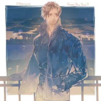 1boy artist_name beard_stubble black_coat black_gloves black_shirt border brown_hair closed_mouth coat commentary cowboy_shot english_commentary facial_hair fur-trimmed_coat fur_trim furrowed_brow gloves hand_in_pocket happy_new_year highres leon_s._kennedy male_focus new_year outdoors parted_bangs penguin_ayan resident_evil resident_evil_requiem shirt short_hair skyline solo stubble white_border