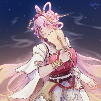 1girl absurdres artist_name blue_sky breasts chinese_clothes chinese_hairstyle closed_mouth commentary diamond-shaped_pupils diamond_(shape) elf elysia_(hi_love_elf)_(honkai_impact) elysia_(honkai_impact) elysia_(moonlit_grace)_(honkai_impact) english_commentary flower gradient_sky grey_sky hair_flower hair_ornament hand_fan highres holding holding_fan honkai_(series) honkai_impact_3rd kyunnichii large_breasts long_hair official_alternate_costume pink_hair pointy_ears purple_eyes revision sky solo star_(sky) starry_sky symbol-shaped_pupils very_long_hair