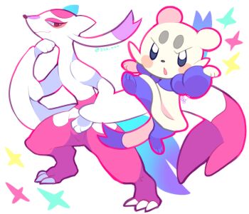 blue_eyes claws closed_mouth commentary_request evolutionary_line full_body gacho_(220_vvv) gen_5_pokemon kicking looking_at_viewer mienfoo mienshao nintendo no_humans open_mouth outstretched_arms pokemon pokemon_(creature) red_eyes sparkle spread_arms twitter_username v-shaped_eyebrows white_background