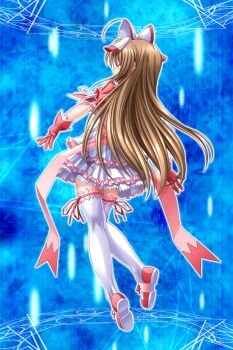 1girl ahoge bow brown_hair closed_eyes dress frills from_behind game_cg gloves hair_ornament henshin highres higuchi_isami kusunoki_sae large_variant_set long_hair magic_circle magical_girl mahou_shoujo_sae non-web_source official_art solo thighhighs variant_set white_thighhighs zettai_ryouiki