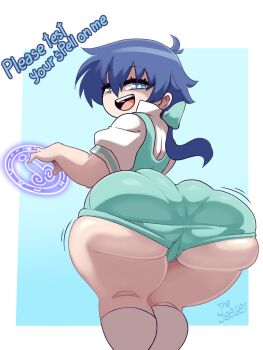 1boy aged_up androgynous aqua_eyes ass ass_focus blue_eyes blush bow curvy english_text foreshortening hair_bow happy highres huge_ass kyojiri_shota legs_together lloyd_de_saloum low_ponytail magic magic_circle micro_shorts naughty_face pervert phallic_symbol ponytail presenting ribbon seductive_gaze seductive_smile shaded_face shirt short_shorts shorts shota simple_background smile tensei_shitara_dai_nana_oji_datta_no_de:_kimama_ni_majutsu_o_kiwamemasu theyeager trap white_shirt