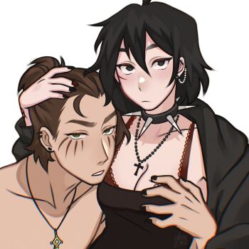 Rule 34 | 1boy, 1girl, arm around neck, arm around waist, barbell piercing, bead necklace, beads, black eyes, black hair, black jacket, black nails, black tube top, boots, bra, breasts, brown boots, brown hair, collar, commentary, contemporary, cross, cross necklace, ear piercing, earrings, english commentary, eren yeager, gluca, grabbing another's breast, green eyes, groping, hair between eyes, highres, jacket, jewelry, lace, lace-trimmed bra, lace trim, medium breasts, mikasa ackerman, necklace, piercing, ponytail, red nails, shingeki no kyojin, short ponytail, spiked collar, spikes, strapless, stud earrings, tattoo, tube top, underwear, wrist tattoo