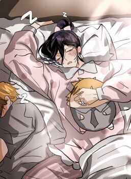 1boy 1girl arm_behind_head bed_sheet blonde_hair blush busuttt chainsaw_man character_doll closed_eyes couple denji_(chainsaw_man) doll drooling grey_pajamas hair_between_eyes hair_bun hetero highres medium_hair mouth_drool on_bed pajamas parted_lips pink_pajamas purple_hair reze_(chainsaw_man) short_hair sleeping under_covers updo