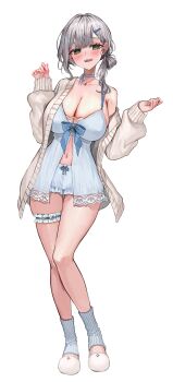 1girl absurdres babydoll blue_babydoll blue_shorts blush breasts cleavage frilled_thigh_strap green_eyes grey_hair hair_ornament hairclip highres hololive large_breasts looking_at_viewer navel official_alternate_costume rum_raisin_(chihiromakita19) shirogane_noel shirogane_noel_(9th_costume) shorts simple_background smile socks solo standing thigh_strap virtual_youtuber white_background