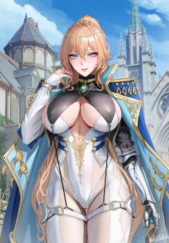 Rule 34 | 1girl, belt, blue cloak, blue eyes, bodystocking, braid, breast curtains, breasts, building, cameltoe, cathedral, church, cloak, cloud, cowboy shot, crown braid, eyelashes, gauntlets, genshin impact, hair between eyes, jean (genshin impact), jewelry, large breasts, leotard, linea alba, lips, mole, mole under eye, open cloak, open clothes, orange hair, pink nails, ponytail, ring, single gauntlet, sky, solo, suspenders, thigh belt, thigh strap, tsuki no i-min, twitter username, white leotard