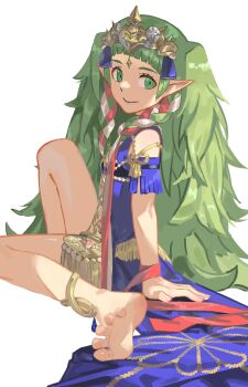 1girl absurdres barefoot commentary_request fire_emblem fire_emblem:_three_houses green_eyes green_hair highres jewelry kucheat_zg long_hair looking_at_viewer nintendo pointy_ears simple_background sitting smile soles solo sothis_(fire_emblem) toes white_background