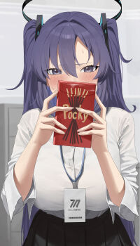 1girl absurdres blue_archive breasts food halo highres holding holding_food holding_pocky long_hair long_sleeves looking_at_viewer mechanical_halo mm_(mhm2592) office_lady official_alternate_costume pocky pocky_day purple_eyes purple_hair shirt solo white_shirt yuuka_(blue_archive)
