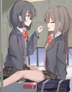 Rule 34 | 2girls, adachi sakura, adachi to shimamura, bag, between legs, black hair, black jacket, blush, bow, bowtie, box, brown hair, brown skirt, closed eyes, closed mouth, collared shirt, feeding, gift, gift box, highres, ichiha (ichi u2), indoors, jacket, long hair, looking at another, medium hair, multiple girls, open mouth, plaid clothes, plaid skirt, pleated skirt, red bow, red bowtie, school bag, school uniform, shimamura hougetsu, shirt, skirt, valentine, white shirt, yuri