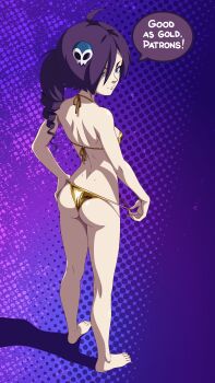 Rule 34 | 1girl, absurdres, ahoge, ass, barefoot, bikini, blue eyes, colored speech bubble, from behind, gold bikini, halterneck, highres, looking at viewer, looking back, median furrow, original, parted bangs, purple background, purple hair, simple background, smile, speech bubble, swimsuit, toenails, toes, zone-tan, zone (artist)