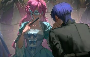 1boy 1girl alternate_costume aqua_bow aqua_dress aqua_shrug aqua_sleeves arm_behind_back artist_self-insert black_jacket black_sleeves black_suit blue_gemstone blunt_ends bow collarbone couple crystal curtained_hair dress eye_mask facing_another flower-shaped_hair folding_fan formal_clothes frilled_sleeves frills gem genshin_impact glint hand_fan hand_up hetero highres holding holding_fan jacket jewelry kiss kissing_hand long_hair long_sleeves mask masquerade masquerade_mask oc_x_canon original parted_bangs parted_lips pink_hair pink_lips puffy_sleeves purple_hair ring scaramouche_(genshin_impact) shrug_(clothing) single_hair_intake strapless strapless_dress suit suit_jacket three-quarter_sleeves tile_floor tiles very_long_hair wavy_hair white_mask white_mouth yoontrsh