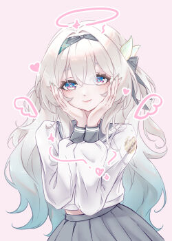 1girl absurdres aqua_hair aqua_nails black_hairband blue_pupils closed_mouth commentary_request cowboy_shot drawn_halo drawn_wings fingernails firefly_(honkai:_star_rail) firefly_(spring_missive)_(honkai:_star_rail) gradient_hair grey_hair grey_sailor_collar grey_skirt hair_between_eyes hairband halo hands_on_own_cheeks hands_on_own_face hands_up highres honkai:_star_rail honkai_(series) long_fingernails long_hair long_sleeves looking_at_viewer midriff_peek multicolored_hair nail_polish official_alternate_costume pink_background pleated_skirt purple_eyes rika_mayuzumi sailor_collar school_uniform serafuku shirt simple_background skirt smile solo untucked_shirt white_shirt