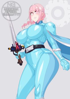 Rule 34 | 1girl, absurdres, armored bodysuit, bakuage sentai boonboomger, bodysuit, highres, holding, holding weapon, nicola keydoor, no headwear, ohsama sentai king-ohger, otokamu, pink eyes, pink hair, super sentai, sword, weapon