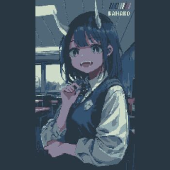 1girl aoki_ruri artist_name black_hair blue_necktie blunt_bangs colored_skin dot_nose dragon_girl dragon_horns fangs hair_behind_ear highres horns indoors long_hair long_sleeves necktie open_mouth pixel_art red_skin ruridragon school school_uniform shirt sidelocks slit_pupils smile solo specialhanako standing teeth white_horns white_shirt window winter_uniform