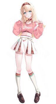 1girl absurdres blonde_hair blue_eyes blush commentary_request hair_between_eyes hair_ornament hairband heart highres hololive holox kazama_iroha long_hair long_legs looking_at_viewer open_mouth shoes skirt socks solo tilu virtual_youtuber