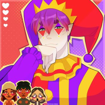 1boy 3girls :3 :o absurdres baseball_cap black_hair blush blush_stickers border closed_mouth commentary corgivevo dark-skinned_female dark_skin dreadlocks english_commentary facepaint glasses gradient_hair green_eyes green_hair hand_on_own_chin hand_up hat heart heart_in_eye highres hugh_morris_(tomodachi_life:_living_the_dream) jester jester_cap looking_at_viewer male_focus mii_(nintendo) multicolored_hair multiple_girls nintendo outline pointy_ears purple_hair red_hair smile star_(symbol) symbol_in_eye tomodachi_life tomodachi_life:_living_the_dream transparent_border two-tone_background upper_body yellow_outline