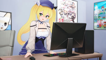 1girl :d artist_name blonde_hair blue_dress blue_hat blurry blurry_background blush breasts chair cleavage computer computer_keyboard computer_mouse computer_tower cowboy_shot dokibird dokibird_(retro_doki) dress eroneko_senpai green_eyes grey_jacket hat highres indie_virtual_youtuber indoors jacket long_hair long_sleeves medium_breasts monitor open_clothes open_jacket open_mouth poster_(object) second-party_source shirt smile solo standing table twintails underbust virtual_youtuber white_shirt