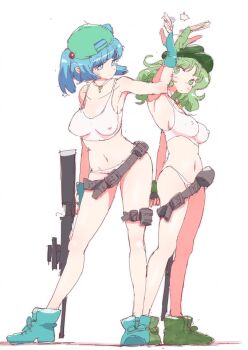 2girls alternate_costume armpits backwards_hat bad_id bad_pixiv_id baseball_cap belt blue_boots blue_eyes blue_gloves blue_hair blush blush_stickers boots breasts closed_mouth covered_erect_nipples fingerless_gloves full_body gloves green_boots green_eyes green_hair green_hat gun hair_bobbles hair_ornament hat high_five holding holding_gun holding_weapon jewelry kappa kawashiro_nitori key key_necklace leg_belt legs looking_at_another medium_breasts medium_hair multiple_girls navel necklace non_(z-art) panties rifle scope short_twintails tank_top touhou twintails underwear weapon white_background white_panties white_tank_top yamashiro_takane
